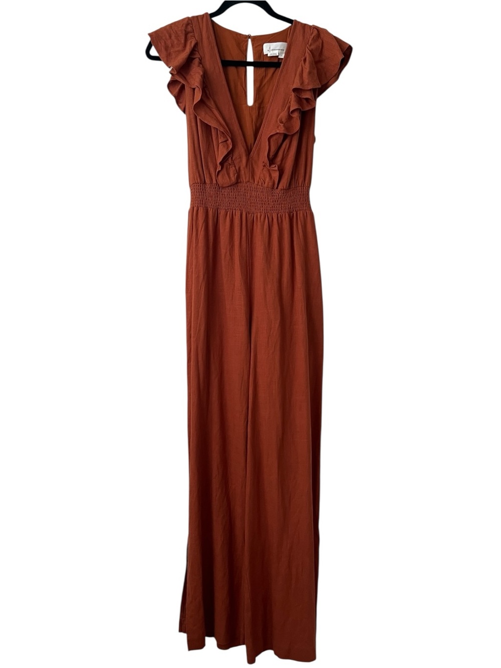 By Anthropologie V Neck Ruffle Copper Jumpsuit Size S - Picture 3 of 16